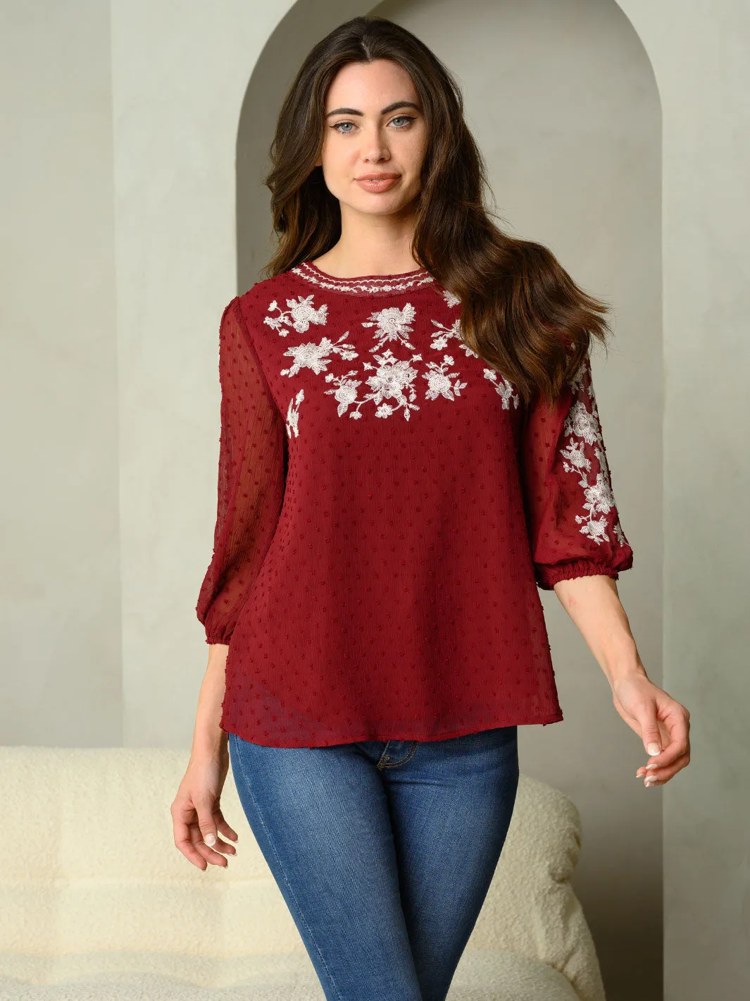 WOMEN'S EMBROIDERED FLORAL DETAIL SWISS DOT CHIFFON TOP