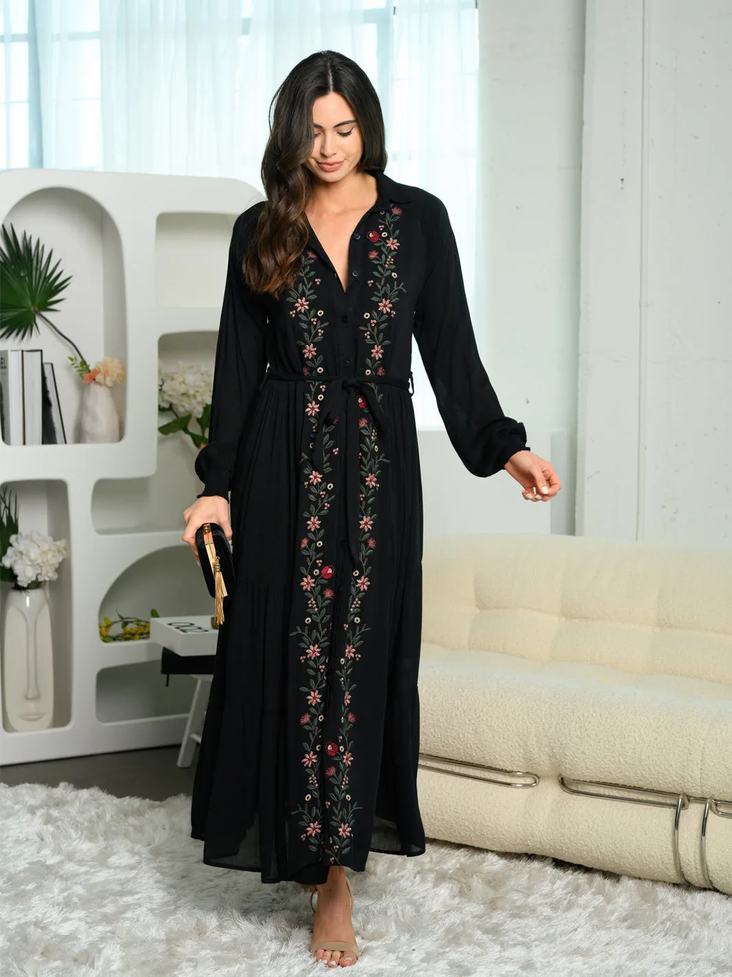 WOMEN'S LONG SLEEVE EMBROIDERY BUTTON UP MAXI DRESS