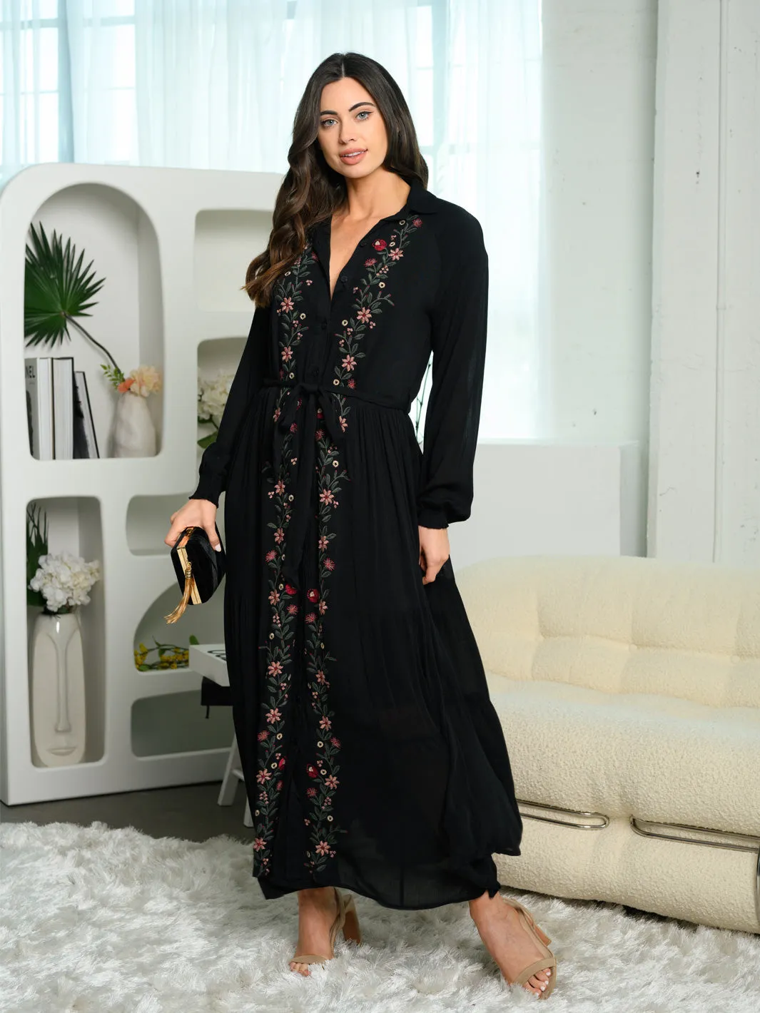 WOMEN'S LONG SLEEVE EMBROIDERY BUTTON UP MAXI DRESS