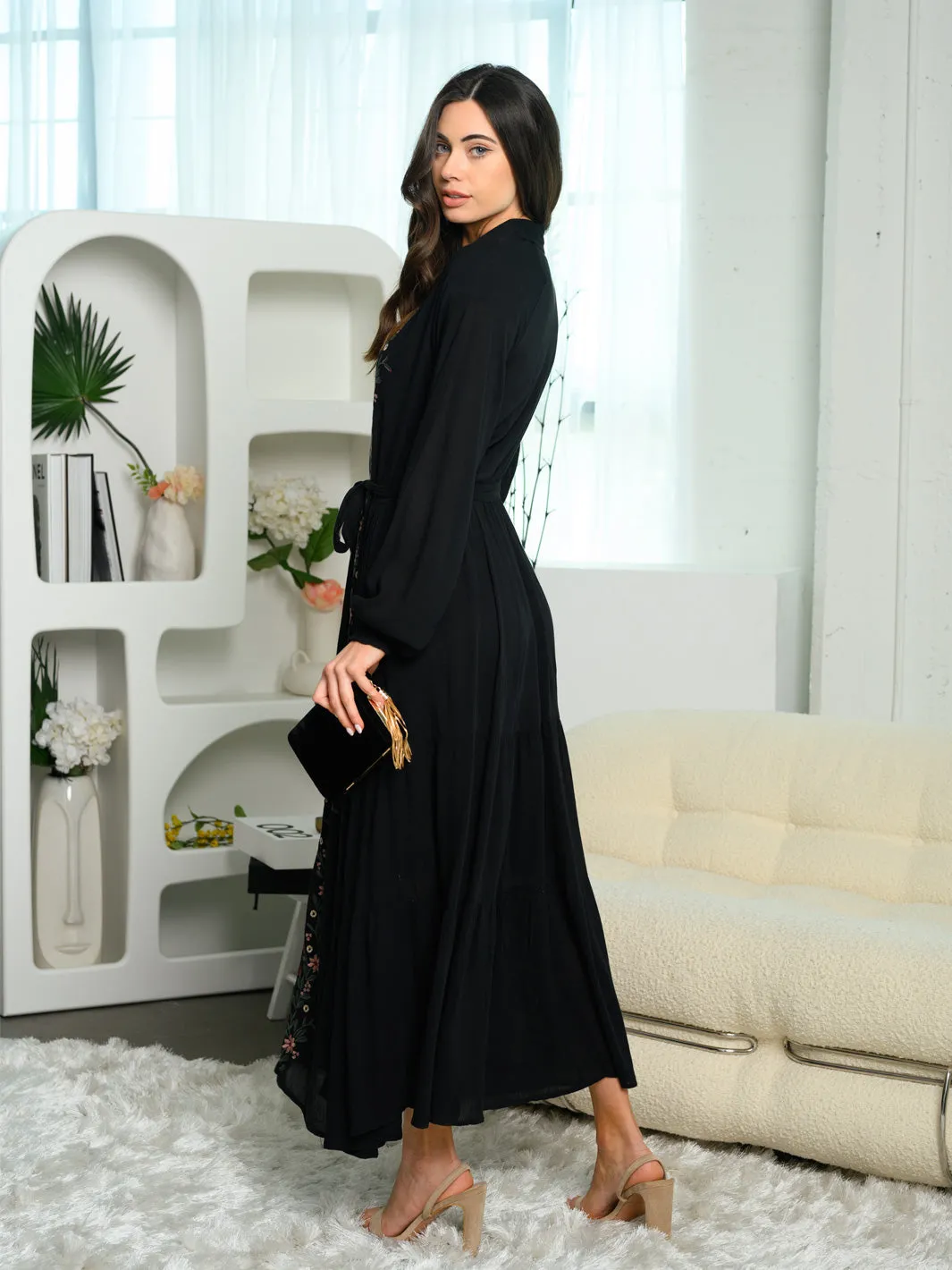 WOMEN'S LONG SLEEVE EMBROIDERY BUTTON UP MAXI DRESS