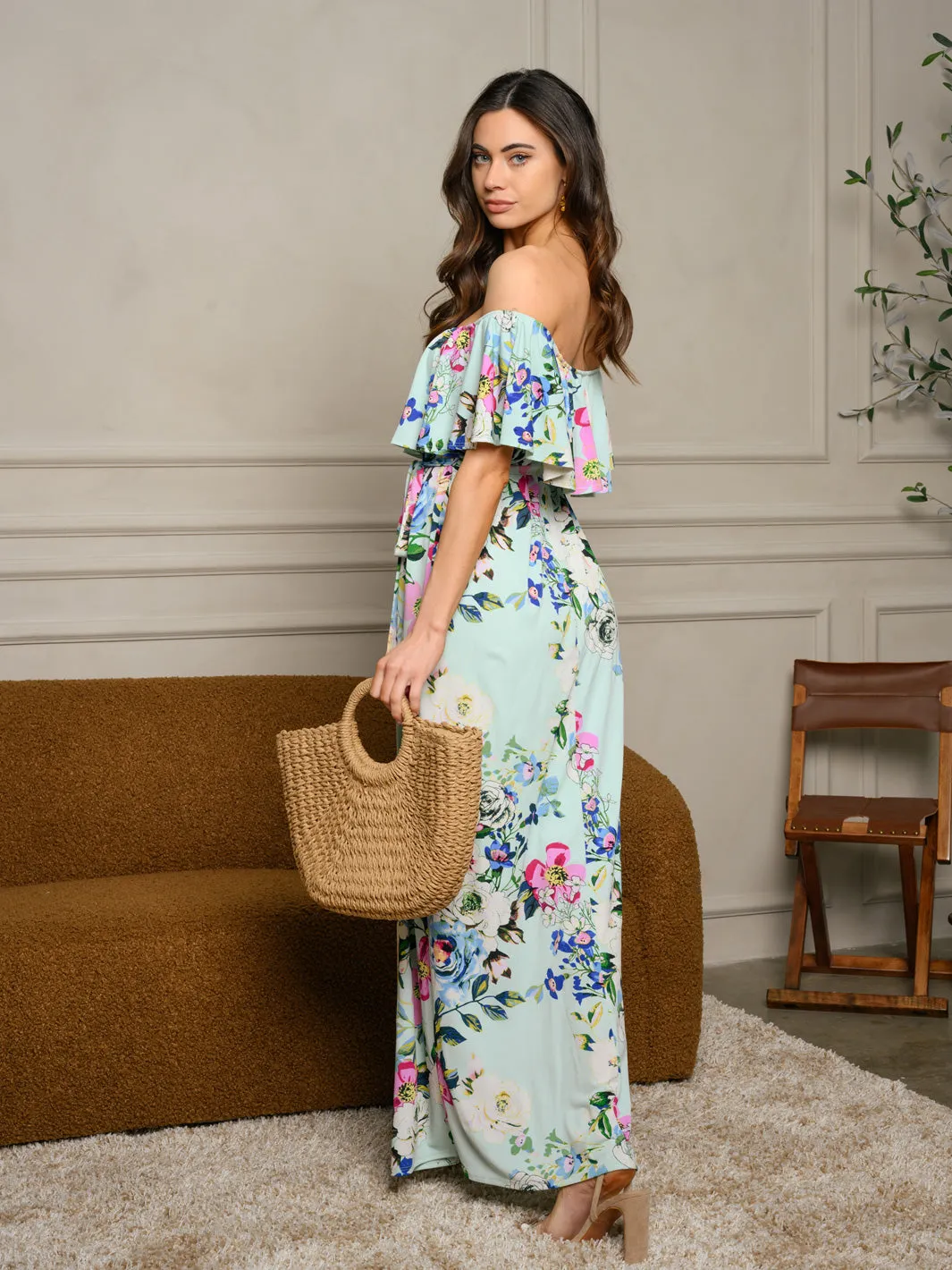 WOMEN'S OFF SHOULDER RUFFLE MAXI DRESS