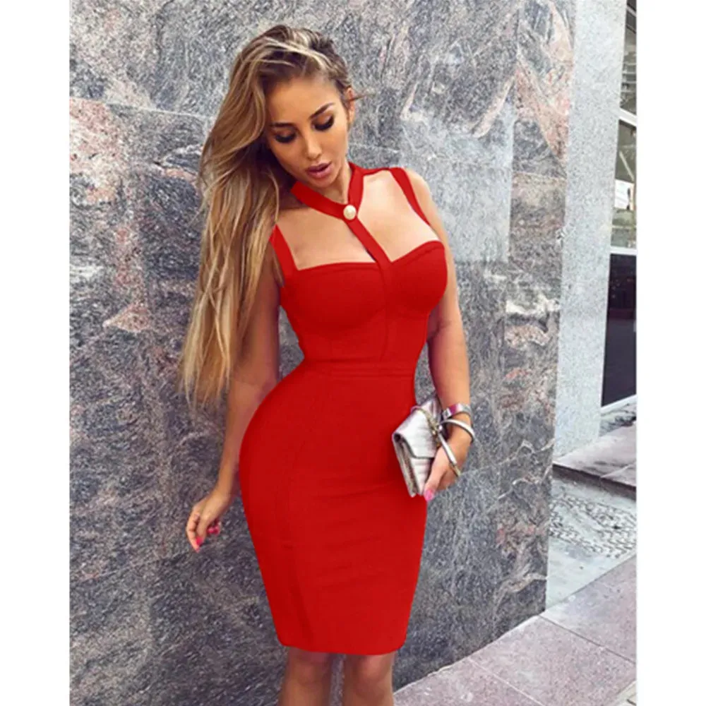 Women's Sexy Cut Out Button Stretchy Elastic Bandage Dress Boutique Fashion Cocktail Party Dress
