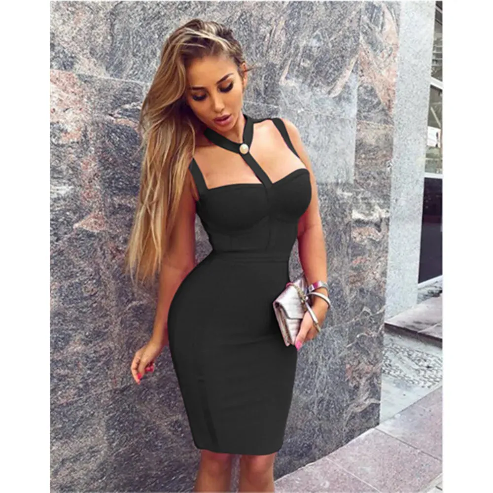 Women's Sexy Cut Out Button Stretchy Elastic Bandage Dress Boutique Fashion Cocktail Party Dress