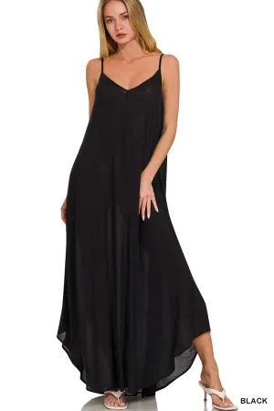 WOVEN CRINKLE CAMI MAXI DRESS W SIDE POCKETS
