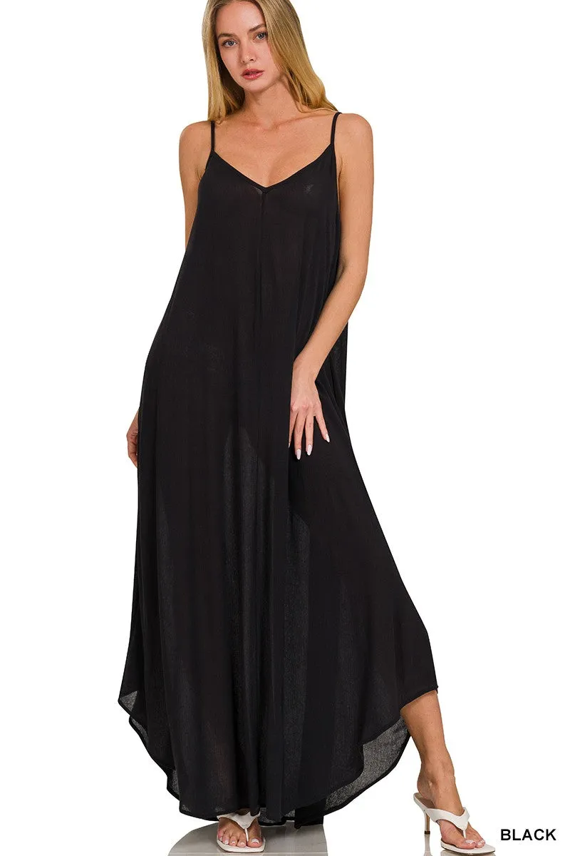 WOVEN CRINKLE CAMI MAXI DRESS W SIDE POCKETS