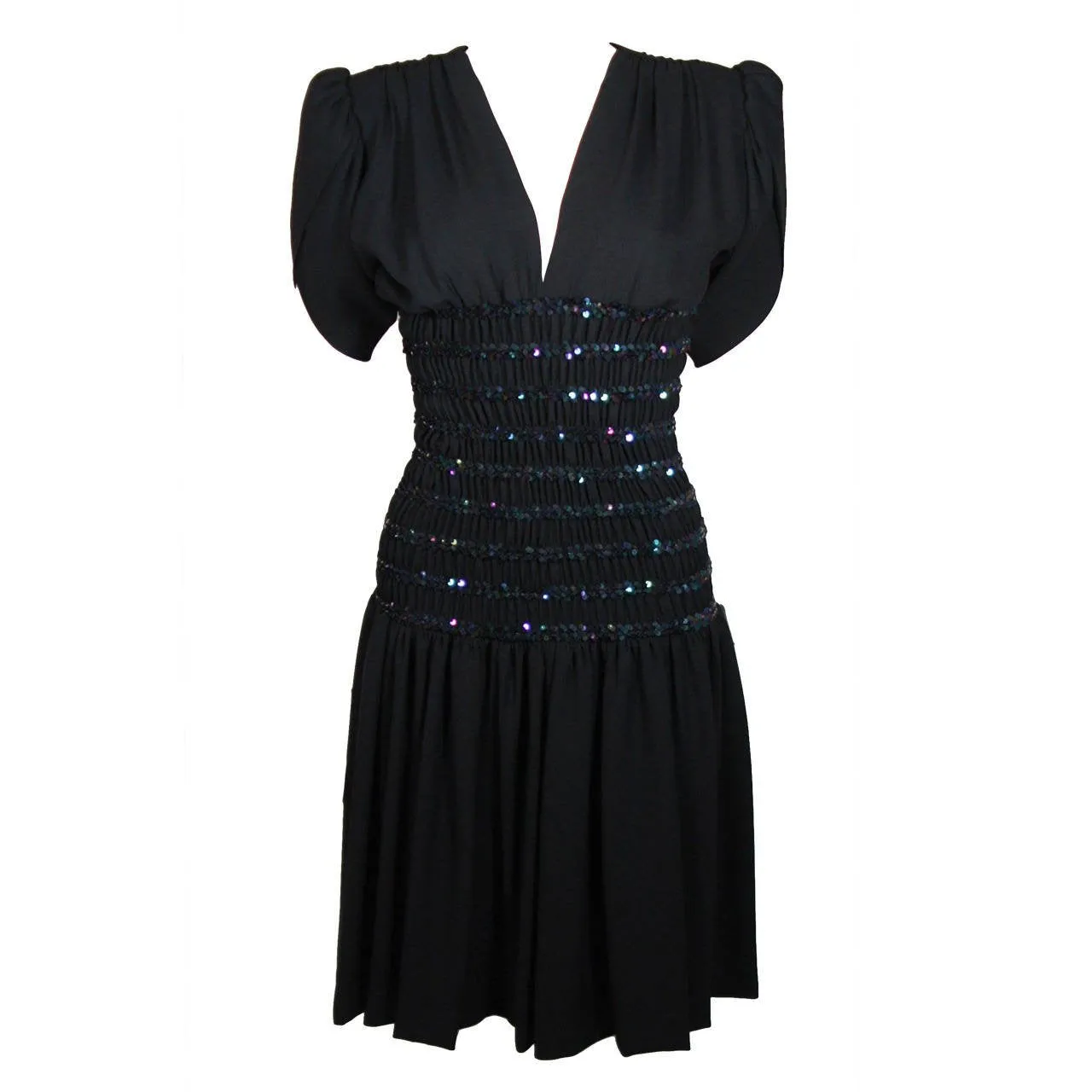 YVES SAINT LAURENT Black Cocktail Gown w/ Sequin Waist Size 38