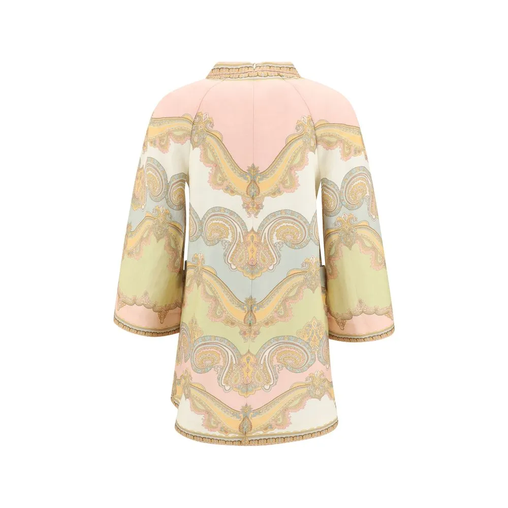ZIMMERMANN Women Multicolor Mini Dress Fabric V-Neck Zip Wide Sleeves Tunic Sz 1