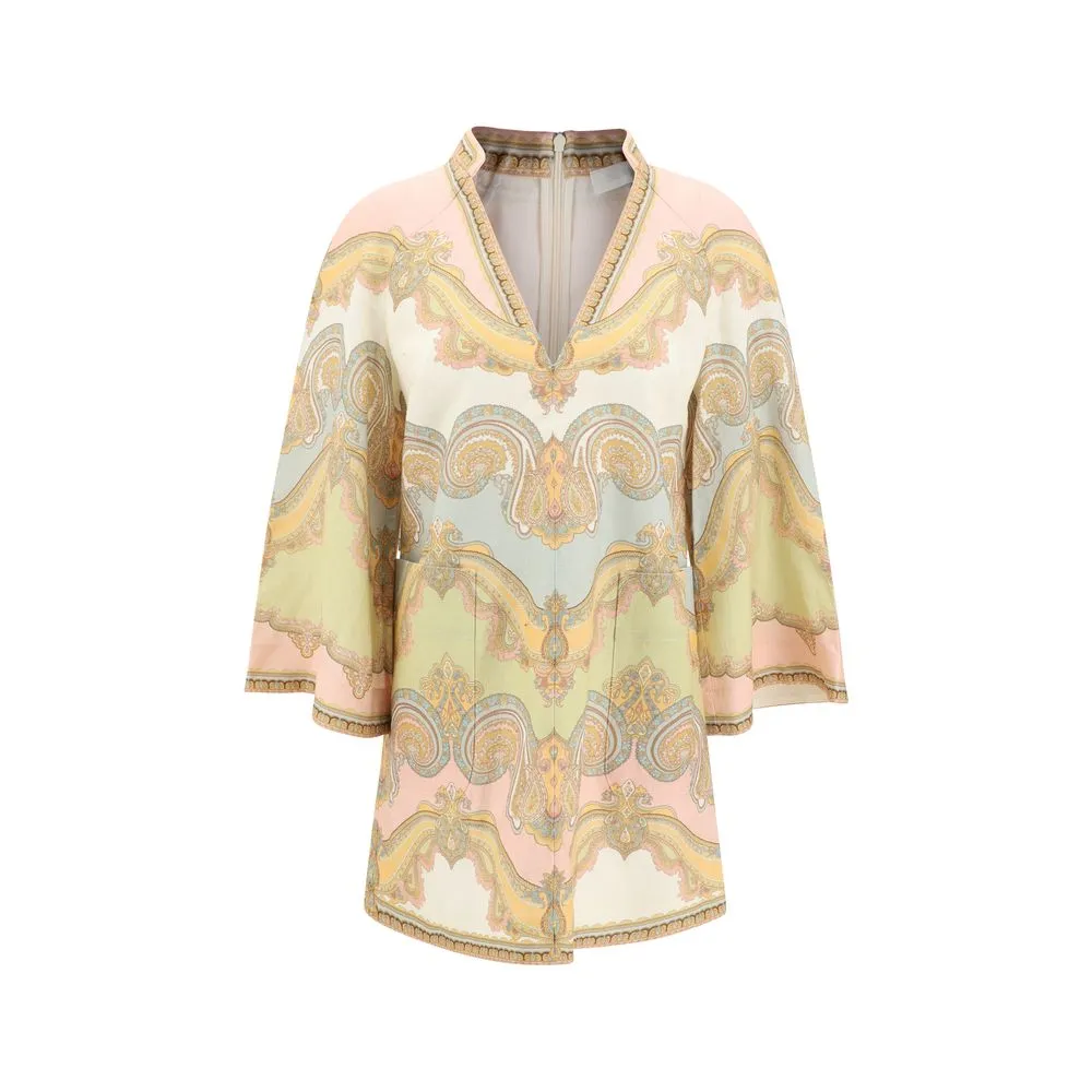 ZIMMERMANN Women Multicolor Mini Dress Fabric V-Neck Zip Wide Sleeves Tunic Sz 1