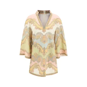 ZIMMERMANN Women Multicolor Mini Dress Fabric V-Neck Zip Wide Sleeves Tunic Sz 1